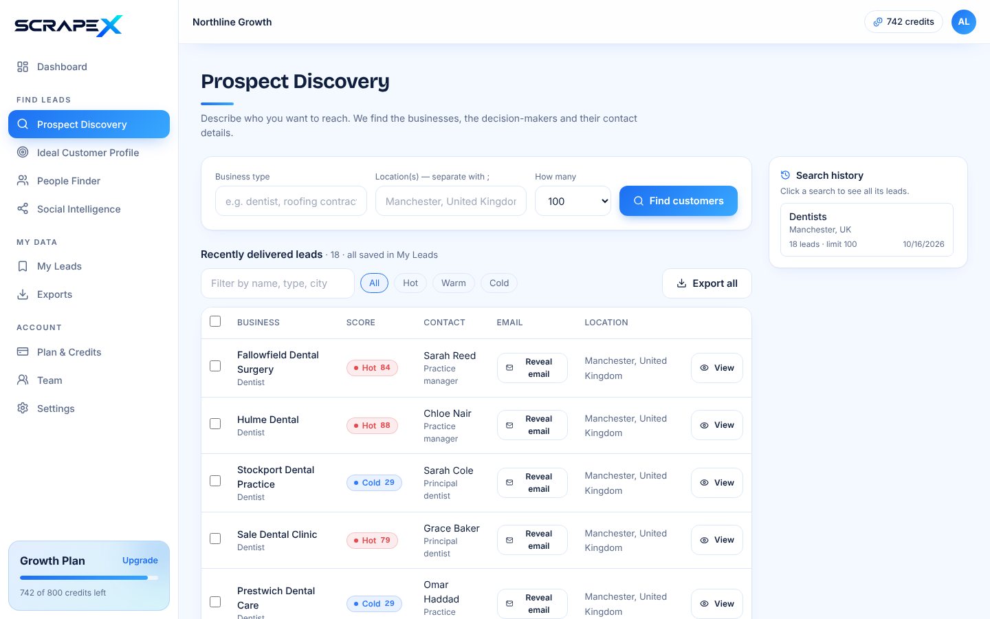 ScrapeX Prospect Discovery screen