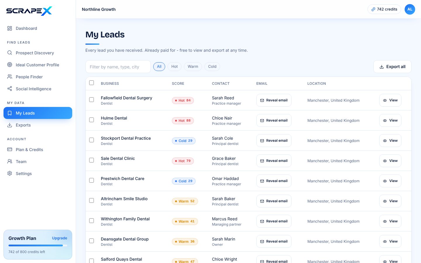 ScrapeX My Leads screen
